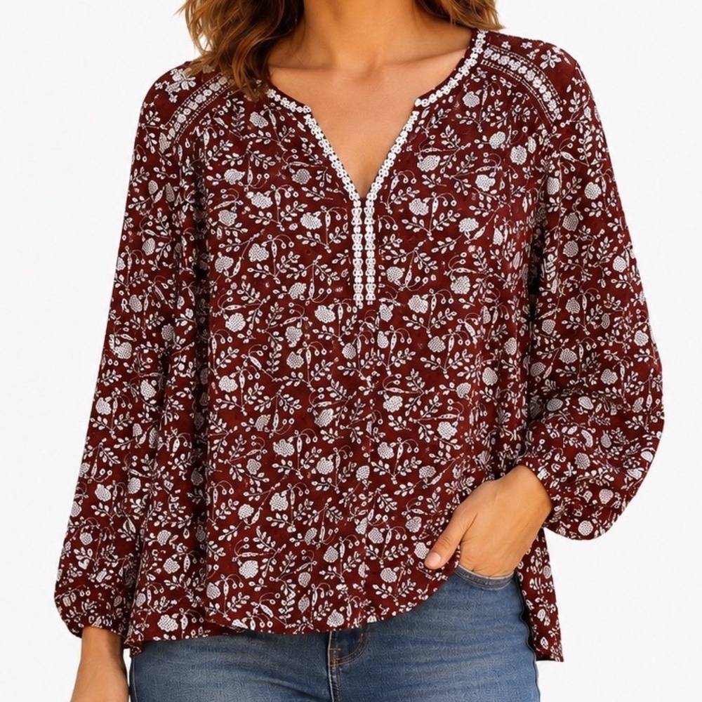 Lucky Brand Brown White Floral Top Embroidered Boho Blouse XL Boho V-Neck